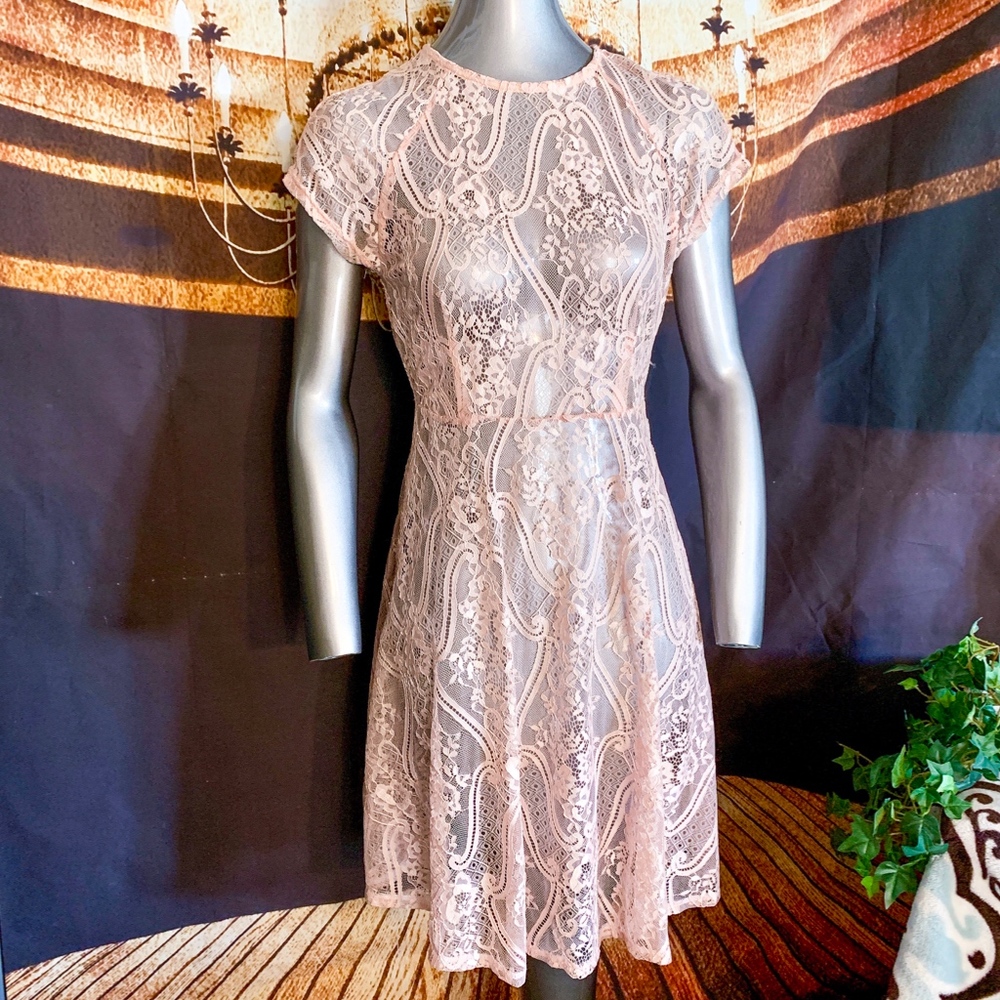 Peach colored lace dress see-through